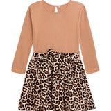 Danamade DJULIA Girls Leopard Print Skirt with Long-Sleeves Jumper Dress - Beige