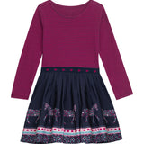Danamade DNORA Girls Long-Sleeves Star Unicorn Dress – Berry and Navy Blue