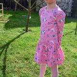 Danamade DEMILIA Girls Long-Sleeve Unicorn, Rainbow, and Floral Print Dress - Tender Pink