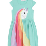 Danamade DNARA Girls Short Cap Sleeves Dress with Unicorn Rainbow Design - Turquoise
