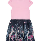 Danamade DHENRIETTA Girls Short Cap Sleeves Butterfly & Unicorn Print Dress - Navy
