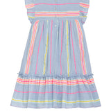 Danamade DZABA Short Ruffled Sleeves Dress with Colourful Pompom Accents - Blue