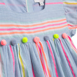 Danamade DZABA Short Ruffled Sleeves Dress with Colourful Pompom Accents - Blue