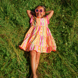 Danamade DSERENA Girls Short Cap Sleeves Geometric Print Dress – Neon Pink