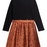 Danamade DLENI Girls Long-Sleeves Ribbed Black Top with Animal Print Skirt - Copper Brown