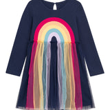 Danamade DFRIEDA Girls Long-Sleeves Rainbow Drip Dress - Navy Blue