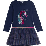 Danamade DLOTTA Girls Long-Sleeves Sparkling Unicorn Tulle Dress - Navy Blue