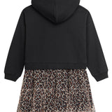 Danamade DDOR0 Girls Long-Sleeves Leopard Print Hoodie Dress - Black