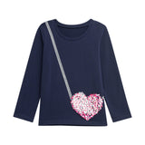 Danamade DLU Girls Long Sleeve Top with Sequined Pink Heart Purse Accent - Navy