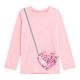 Danamade DLU Girls Long Sleeve Top with Sequined Pink Heart Purse Accent - Rose