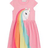 Danamade DNARA Girls Short Cap Sleeves Dress with Unicorn Rainbow Design - Candy