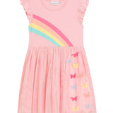 Danamade DPALMIRA Girls Ruffled Short Sleeves Dress with Rainbow and Butterflies - Rose