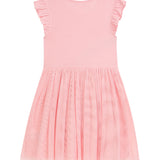 Danamade DPALMIRA Girls Ruffled Short Sleeves Dress with Rainbow and Butterflies - Rose