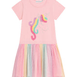 Danamade DMALVA Girls Short Sleeves Unicorn Design with Rainbow Tutu Dress - Rose