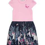 Danamade DHENRIETTA Girls Short Cap Sleeves Butterfly & Unicorn Print Dress - Navy